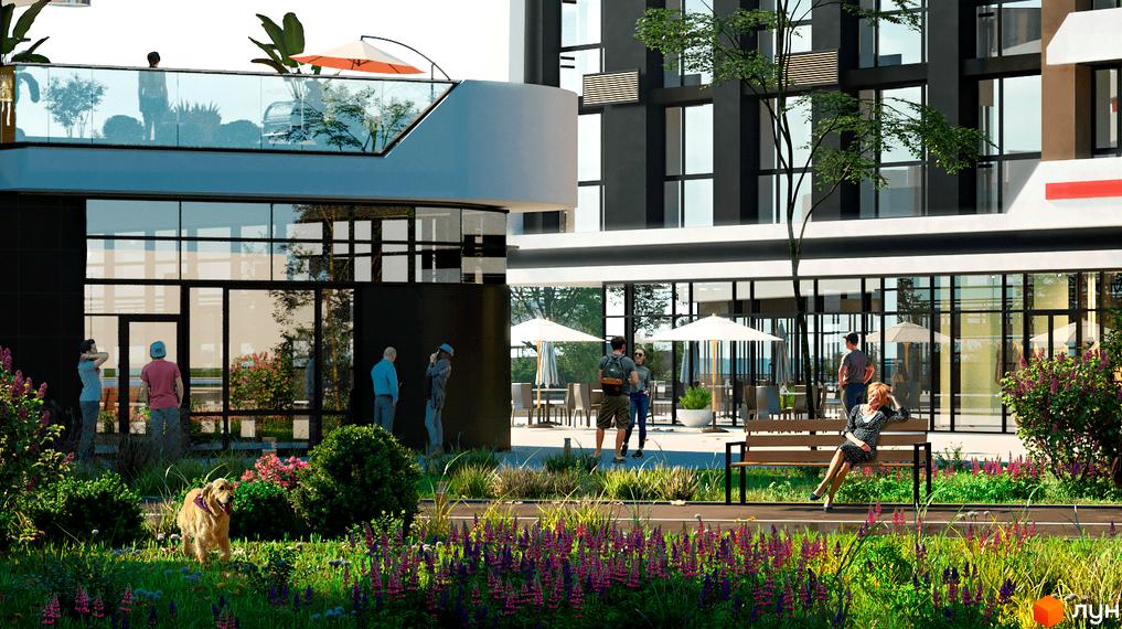 Житловий комплекс Great: фасади будівлі з панорамними вікнами та зелена прибудинкова територія з місцями для відпочинку. На території є люди та собака.