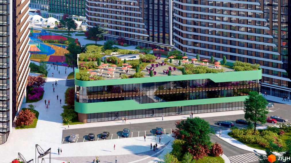 Житловий комплекс Great з зеленою зоною відпочинку на даху та ігровим майданчиком для дітей. Навколо комплексу розташовані дерева та зони для прогулянок.