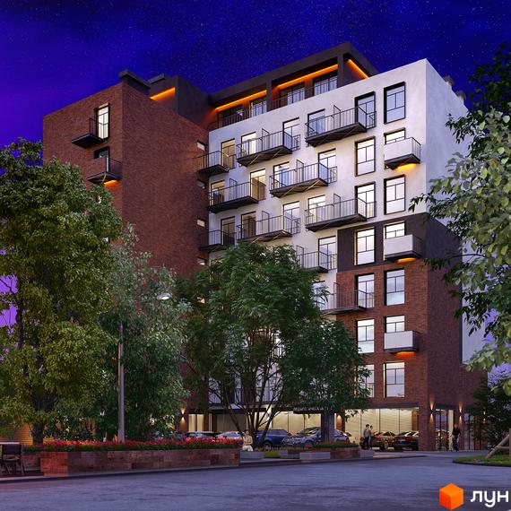 Простір на Педагогічній – новий житловий комплекс з цегляними та білими фасадами, балконами та зеленими деревами на території. Зовнішній вигляд будівлі та прибудинкова територія.