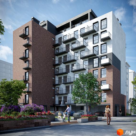 Простір на Педагогічній: восьмиповерховий будинок з цегляним фасадом та білими вставками, балконами, прибудинковою територією з деревами та квітами.