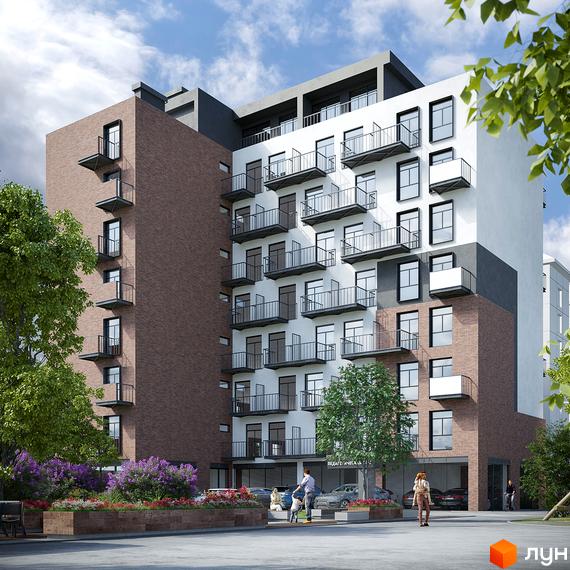 Простір на Педагогічній: багатоповерховий житловий комплекс з цегляним та білим фасадом, балконами та прибудинковою територією з деревами та квітами.