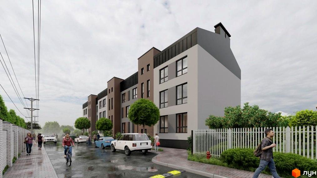 Житловий комплекс Вілла Валенсія: фасади будівель з різнокольоровими елементами та великими вікнами, огороджена територія з деревами та пішохідною зоною.