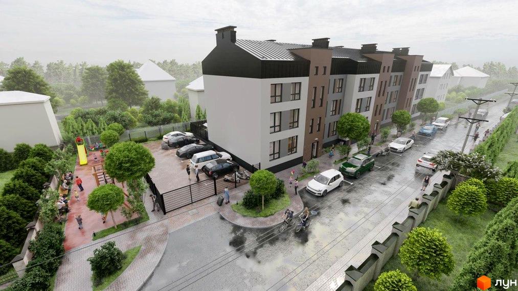 Житловий комплекс Вілла Валенсія з триповерховими будинками та доглянутою прибудинковою територією з дитячим майданчиком та парковкою.