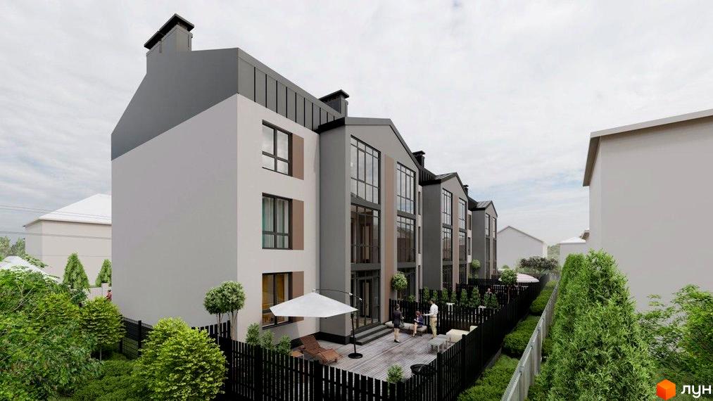 Комплекс ЖК Вілла Валенсія з фасадами світло-сірого кольору та великими вікнами, що виходять на приватні дворики з терасами та зеленими насадженнями.