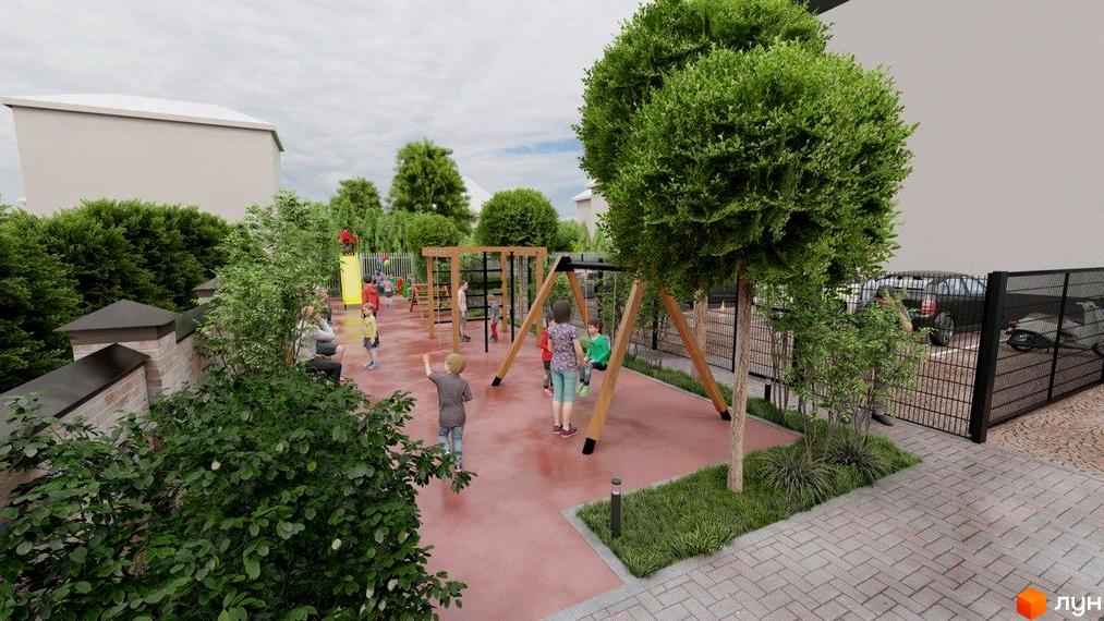 Дитячий майданчик у ЖК Вілла Валенсія з гойдалками, гіркою та зонами відпочинку для дітей та батьків. Навколо зелені насадження та парковка.