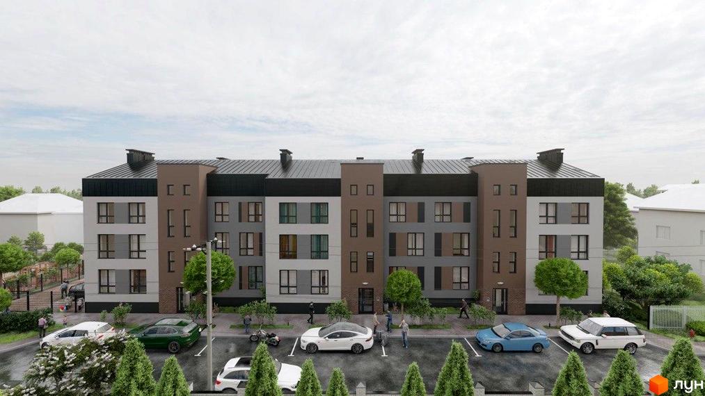 Житловий комплекс Вілла Валенсія. Сучасна новобудова з сірими та бежевими фасадами, великими вікнами та доглянутою прибудинковою територією з деревами та автомобілями.