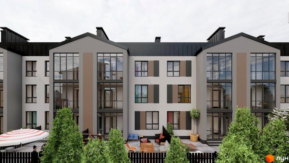 Житловий комплекс Вілла Валенсія з фасадами сірого кольору та великими вікнами, з прибудинковою територією з деревами та зоною відпочинку.