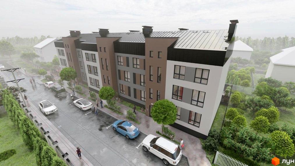 Зовнішній вигляд новобудови ЖК Вілла Валенсія з сірими та коричневими фасадами, вікнами та прибудинковою територією з деревами та автомобілями.