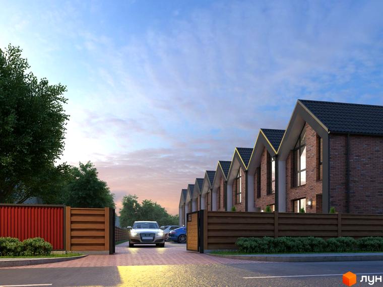 Таунхауси Nordic з червоної цегли з великими вікнами, розташовані біля паркану та доглянутої прибудинкової території.