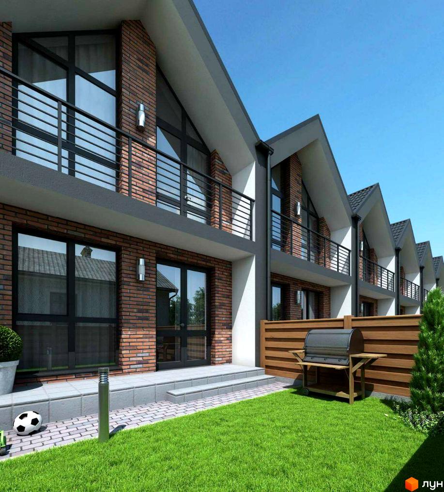 Таунхауси Nordic: фасади з цегли та великі вікна, приватний двір з газоном та барбекю. Сучасна архітектура для комфортного життя.
