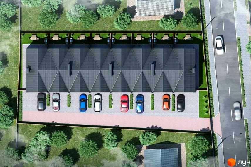Таунхауси Nordic - вид зверху на ряди будинків з сірими дахами та паркуванням з автомобілями. Прибудинкова територія з газоном та деревами.
