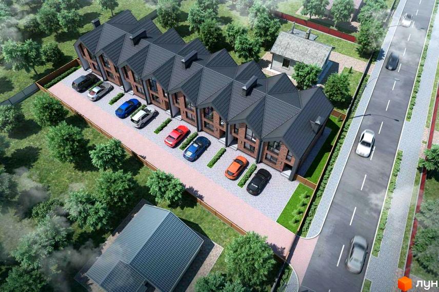 Таунхауси Nordic - комплекс з цегляними фасадами та сірими дахами, з автомобілями на парковці та зеленою зоною навколо.
