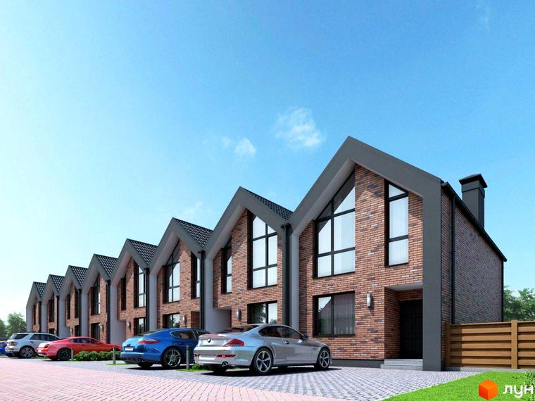 Таунхауси Nordic – це сучасні будинки з цегляним фасадом та великими вікнами, розташовані на бруківці з припаркованими автомобілями.