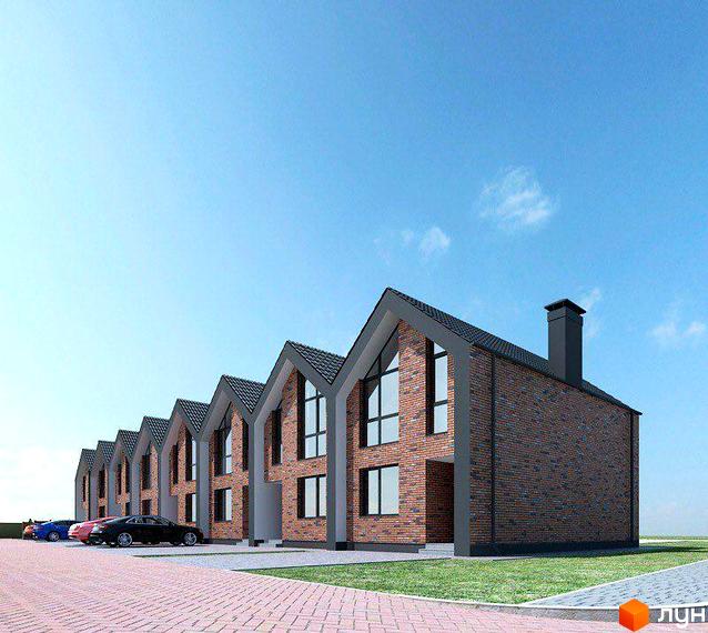 Таунхауси Nordic – цегляні будинки з великими вікнами та темними дахами, розташовані на доглянутій зеленій території з бруківкою.