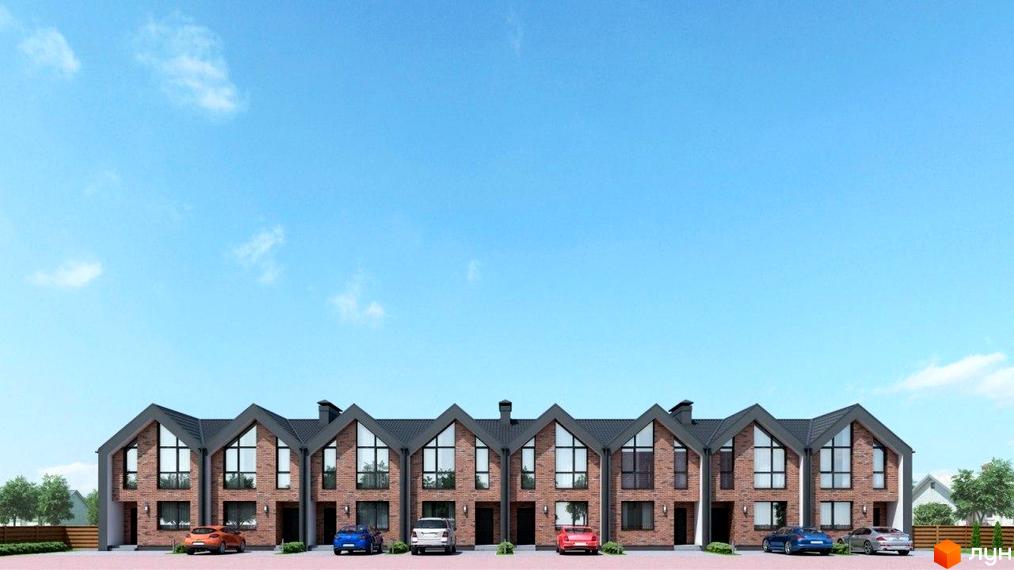Зовнішній вигляд таунхаусів Nordic з цегляним фасадом та великими вікнами під блакитним небом. Перед будинками розташовані автомобілі та зелені насадження.