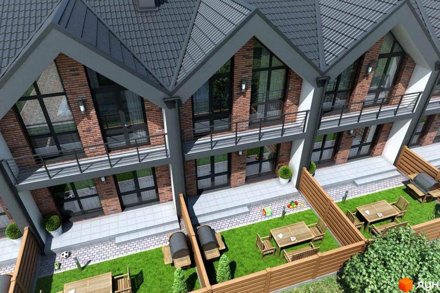 Зовнішній вигляд таунхаусів Nordic з цегляним фасадом та великими вікнами. Прибудинкова територія з зеленим газоном, дерев'яними альтанками та зонами відпочинку.