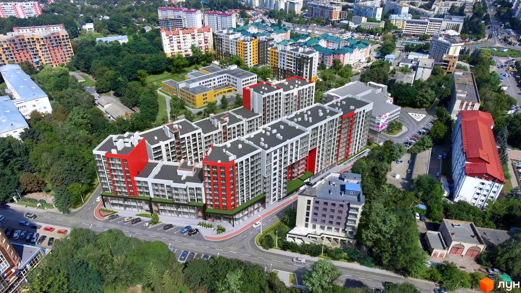 Житловий комплекс Престижний 2 з фасадами білого та червоного кольору, з великими вікнами, розташований біля дороги, з парковкою та зеленими насадженнями.