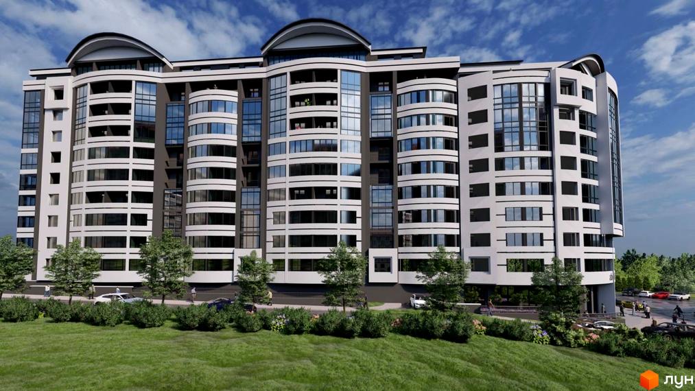 Багатоповерховий Житловий комплекс Трускавецька Фортеця з білим фасадом та панорамними вікнами. Прибудинкова територія з зеленню та дорогою.