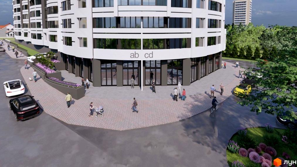 Житловий комплекс Трускавецька Фортеця: білий багатоповерховий будинок з округлим фасадом та великими вікнами, оточений зеленими насадженнями та доріжками.