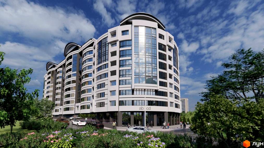 Зображення Житлового комплексу Трускавецька Фортеця. Багатоповерхова будівля з великими вікнами, перед будинком зелені насадження та припарковані автомобілі.