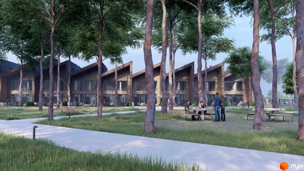 Таунхаус Forest Park Gora з характерними двосхилими дахами та великими вікнами, оточений зеленою зоною з деревами та місцями для відпочинку.