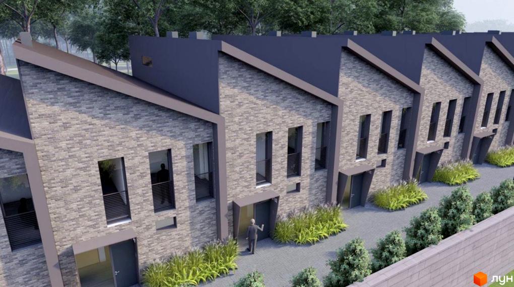 Зовнішній вигляд таунхаусів Forest Park Gora з цегляним фасадом та похилим дахом. Прибудинкова територія з газоном та деревами.