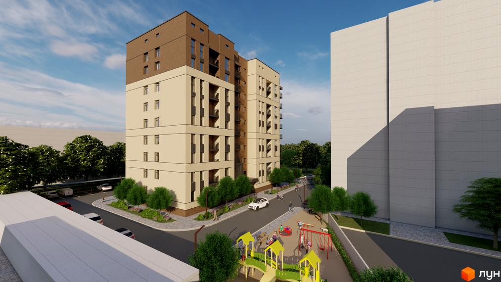 Житловий комплекс NIKOSTAR Comfort+ з світлими фасадами та коричневими акцентами, дитячим майданчиком та зоною відпочинку.