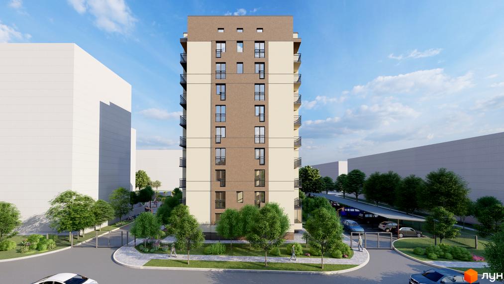 Житловий комплекс NIKOSTAR Comfort+ - це багатоповерховий будинок з балконами та паркінгом. Територія навколо будинку озеленена деревами та має дитячий майданчик.