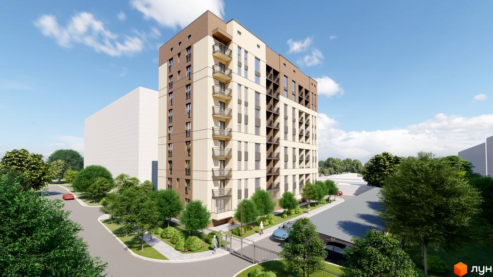 Зовнішній вигляд новобудови ЖК NIKOSTAR Comfort+ з балконами та вікнами, прибудинкова територія з деревами та дорогою.