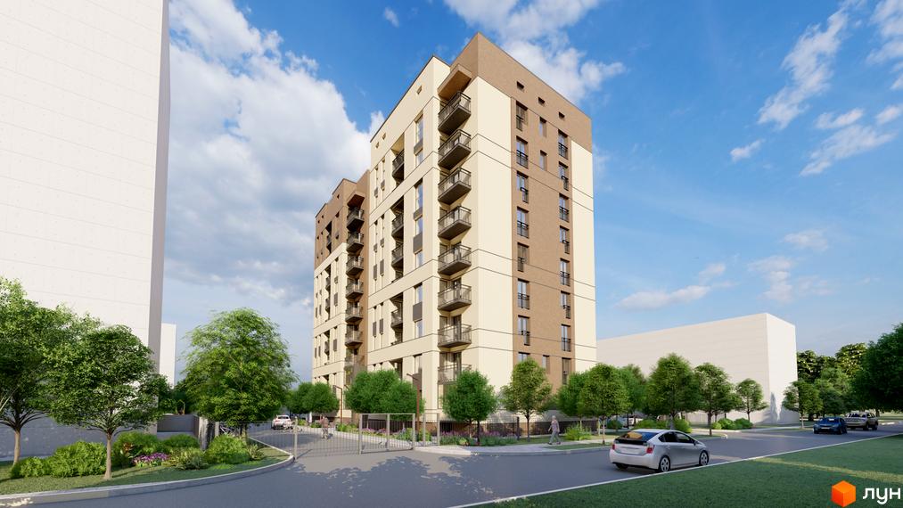 Житловий комплекс NIKOSTAR Comfort+ - це багатоповерховий будинок з балконами та прибудинковою територією з деревами та доглянутими кущами.