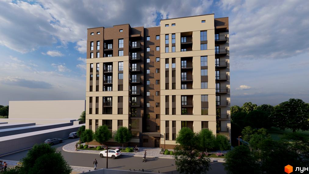 Зовнішній вигляд новобудови ЖК NIKOSTAR Comfort+ з балконами та великими вікнами, на тлі хмарного неба та зелених дерев. Прибудинкова територія з дорогою та пішохідними доріжками.