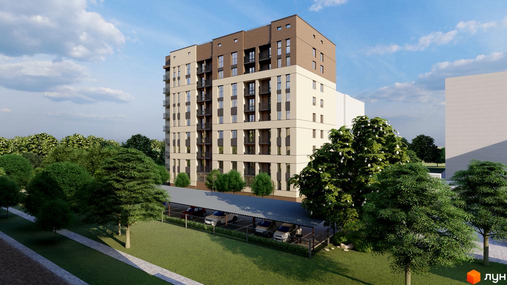 Житловий комплекс NIKOSTAR Comfort+ з багатоповерховою будівлею та паркінгом. Навколо комплексу зелена зона з деревами та доріжками.