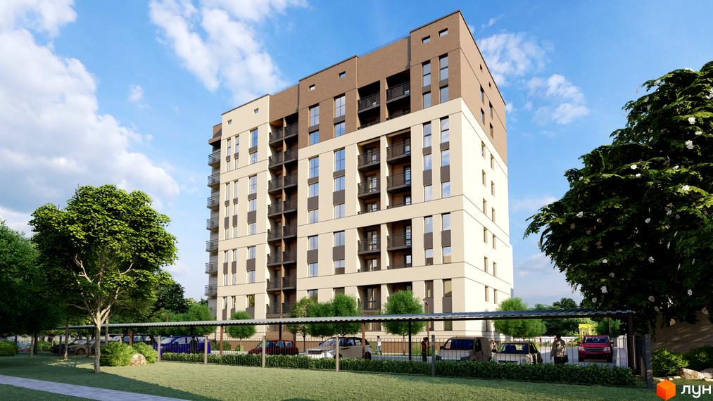 Житловий комплекс NIKOSTAR Comfort+ – це багатоповерхова новобудова світло-бежевого кольору з коричневими елементами та балконами. На прибудинковій території розташовані навіси для автомобілів та зелені насадження.