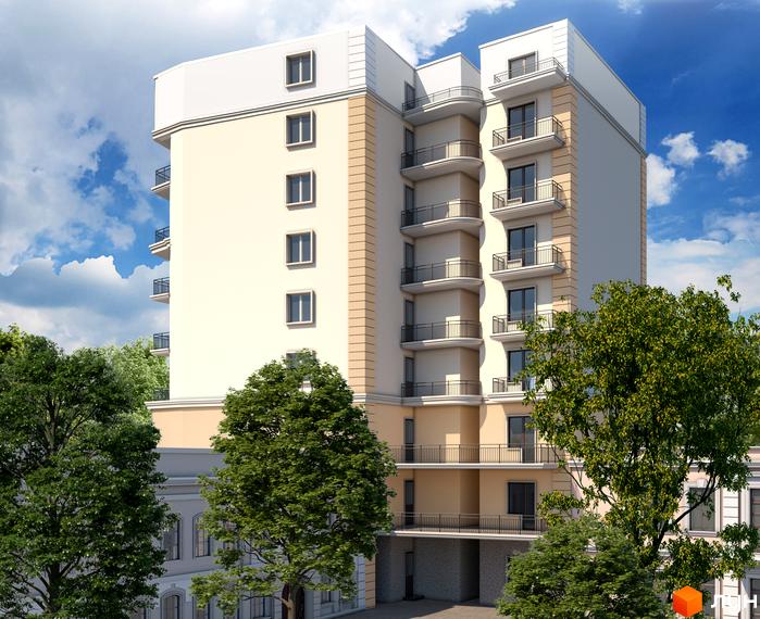 Висотна будівля Житловий комплекс Smart Hall з балконами та вікнами, поруч зелені дерева та блакитне небо з хмарами.