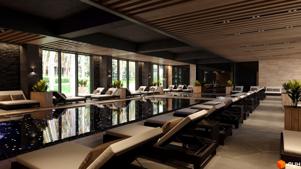 Апарт-комплекс Le Méandre: розкішний басейн з шезлонгами та панорамними вікнами, що виходять на зелену зону. Сучасний дизайн та комфорт для відпочинку.