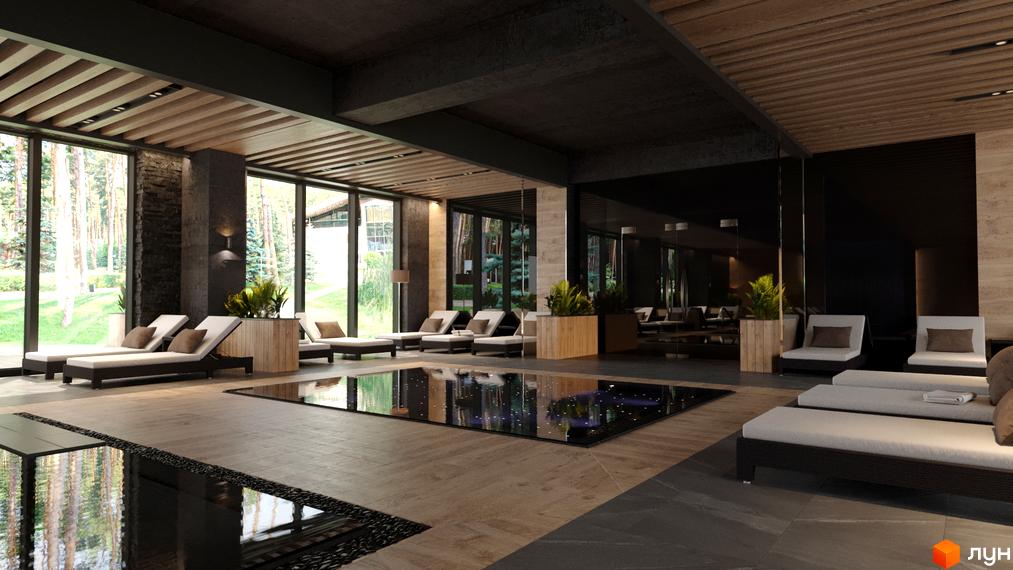 Інтер'єр апартаментів у житловому комплексі Le Méandre з басейном, шезлонгами та панорамними вікнами з видом на природу.