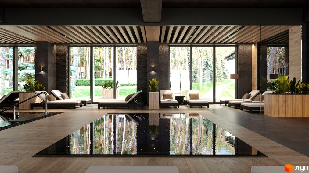 Апарт-комплекс Le Méandre: зона відпочинку біля басейну з шезлонгами та панорамними вікнами, що виходять на ліс. Сучасний дизайн інтер'єру для комфортного проживання.