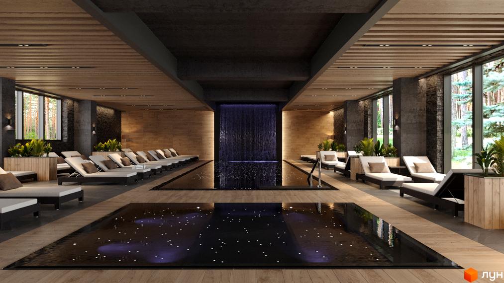 Інтер'єр спа-зони в Апарт-комплексі Le Méandre з басейном, шезлонгами та водоспадом, оздоблений деревом та каменем.