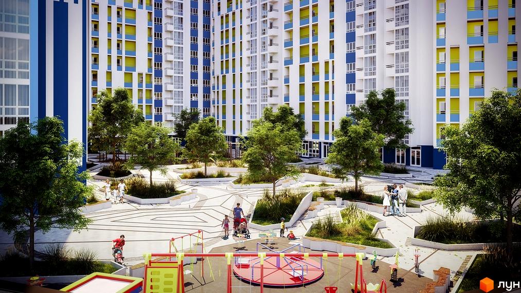 Житловий комплекс Злагода з яскравими фасадами та доглянутою прибудинковою територією. На території комплексу є дитячий майданчик та зони відпочинку для мешканців.