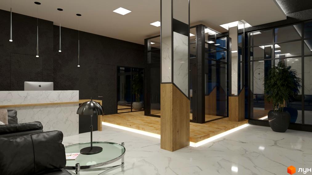 Інтер'єр холу в новобудові. Світлий мармур на підлозі та стінах, дерев'яні елементи декору, скляні перегородки, рослини.
