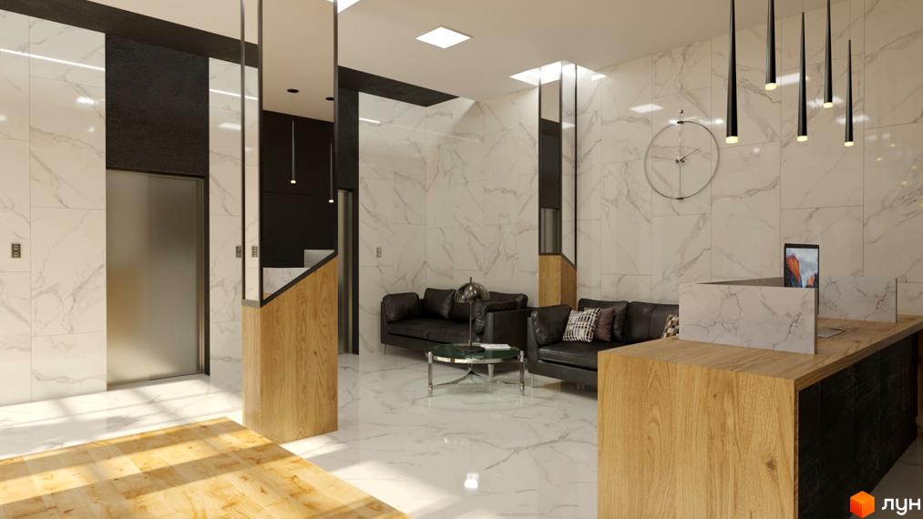Інтер'єр холу в ЖК Favorit з білим мармуром, чорними акцентами та дерев'яними елементами. Просторий та світлий простір з диванами та стійкою ресепшн.
