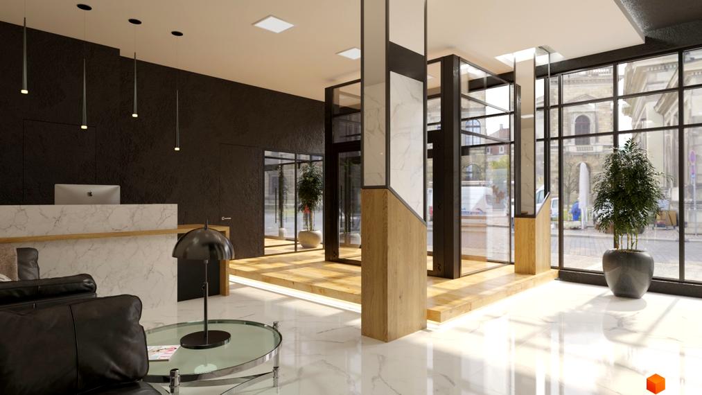 Вестибюль Житлового комплексу Favorit з білою підлогою, мармуровою стійкою, скляними перегородками та видом на вулицю.