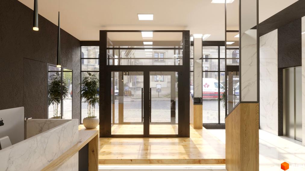 Вхідна група Новобудови Favorit, що демонструє просторий хол з панорамними скляними дверима та дерев'яною підлогою.