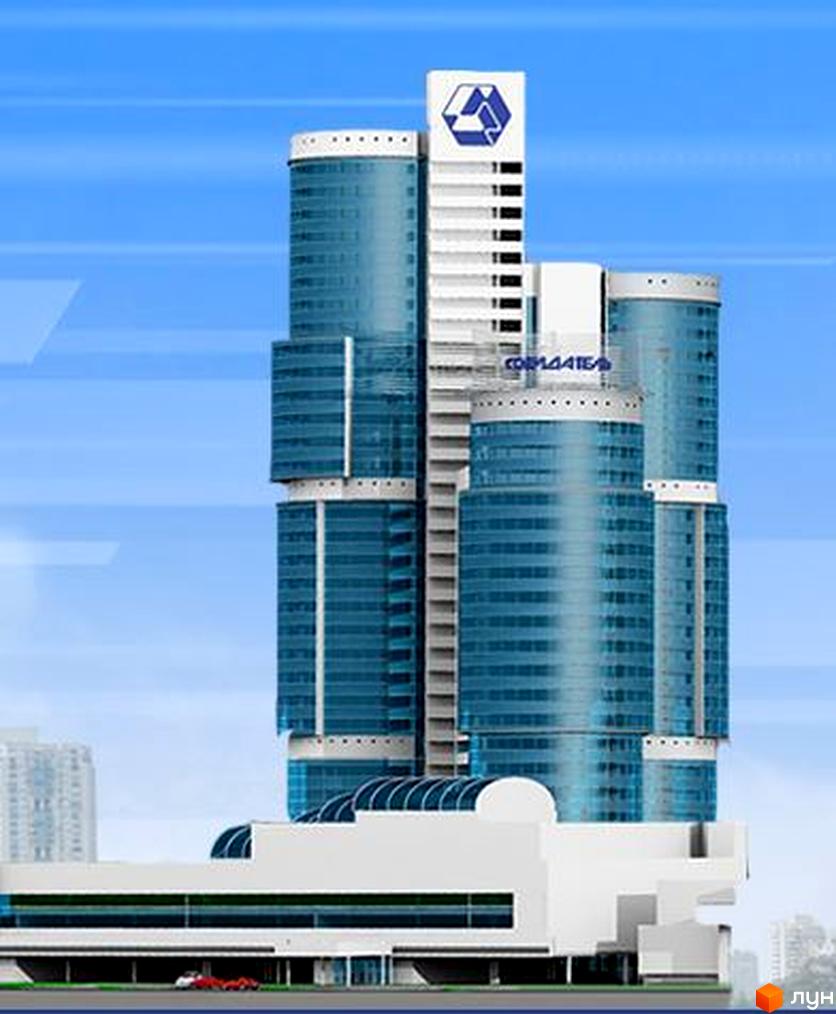 Будівельний проєкт ТРІУМФ – висотна будівля з блакитними вікнами та білим фасадом. Навколо будівлі розташована прибудинкова територія з зеленими насадженнями.