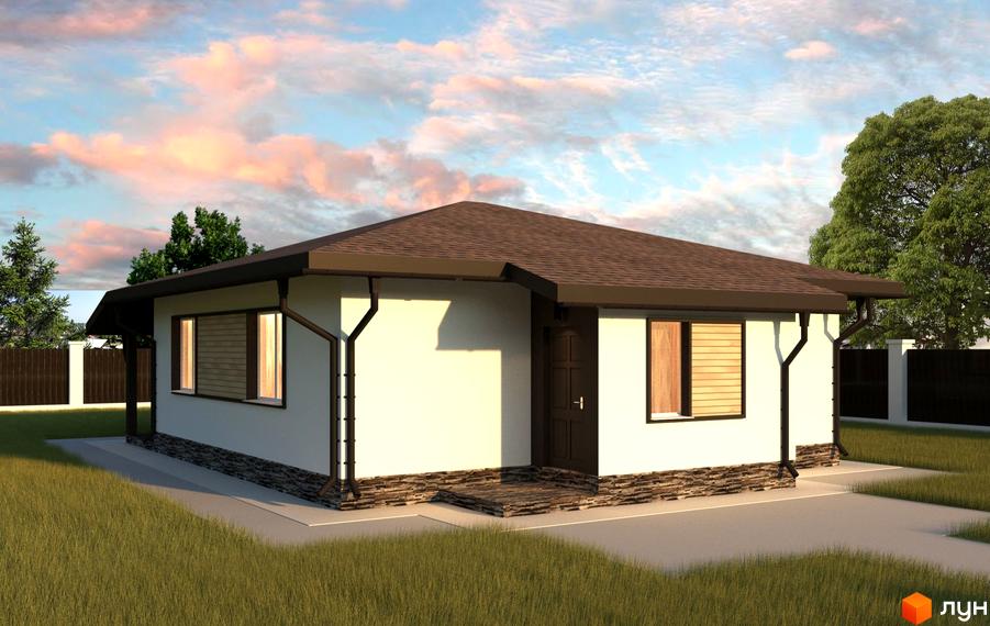 Зображення будинку в Котеджному містечку „Фортеця Колонщини“. Одноповерховий будинок з коричневим дахом та світлими стінами, на фасаді декор з каменю. Навколо будинку газон та асфальтована доріжка.