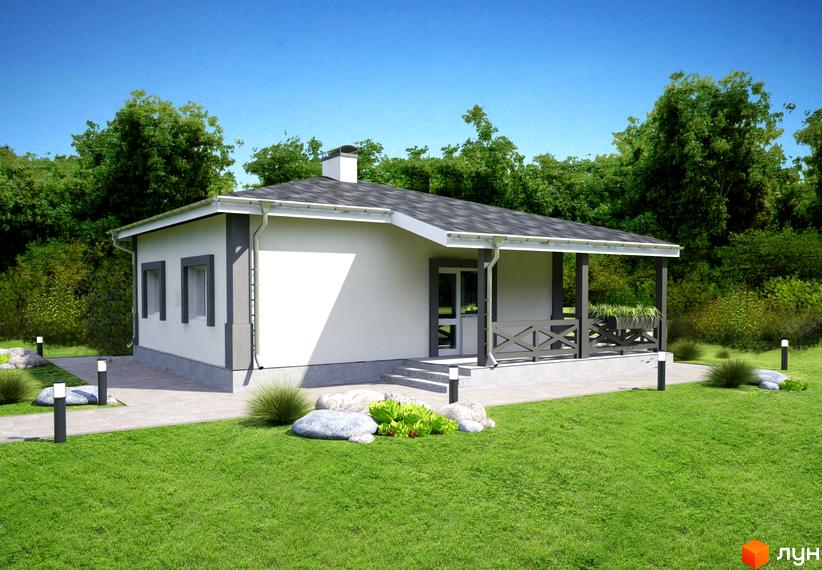 Зображення будинку в Котеджному кварталі „Фортеця Колонщини“. Одноповерховий будинок з сірим дахом, білими стінами та зеленою галявиною.