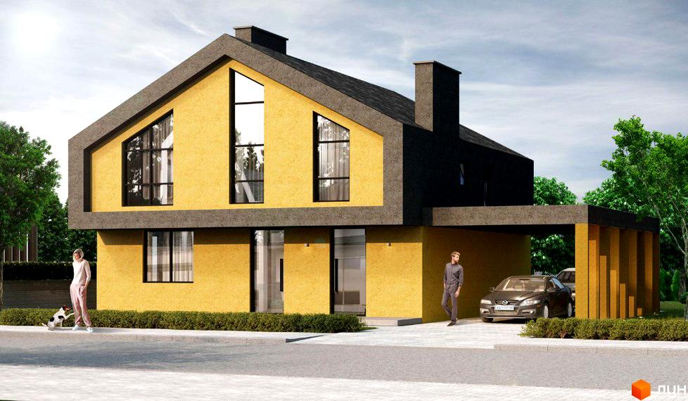 Зображення будинку в Котеджному кварталі „Фортеця Колонщини“. Двоповерховий будинок з жовтими стінами та чорним дахом, поруч зелені насадження і припарковані автомобілі.