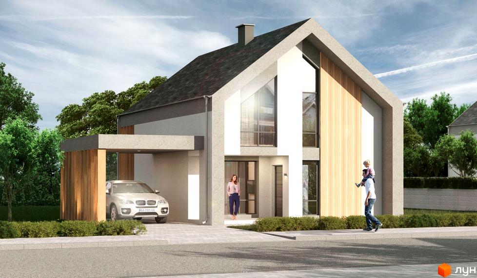 Візуалізація будинку в Котеджному кварталі „Фортеця Колонщини“. Двоповерховий будинок з великими вікнами та дерев'яним оздобленням, поруч зелена територія.