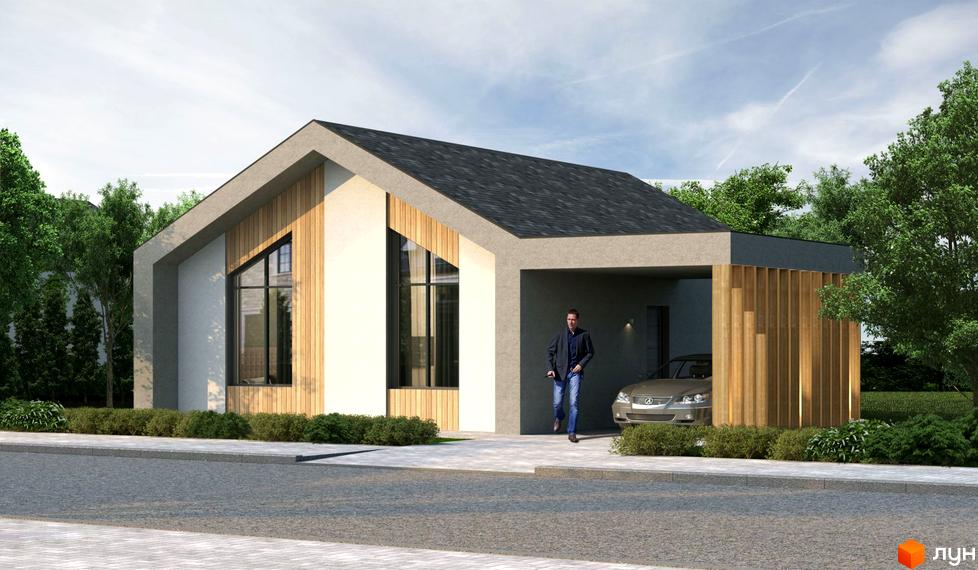 Одноповерховий будинок з гаражем. Світлі стіни з деревʼяними вставками, великі вікна та зелені насадження навколо. Чоловік виходить з гаража.