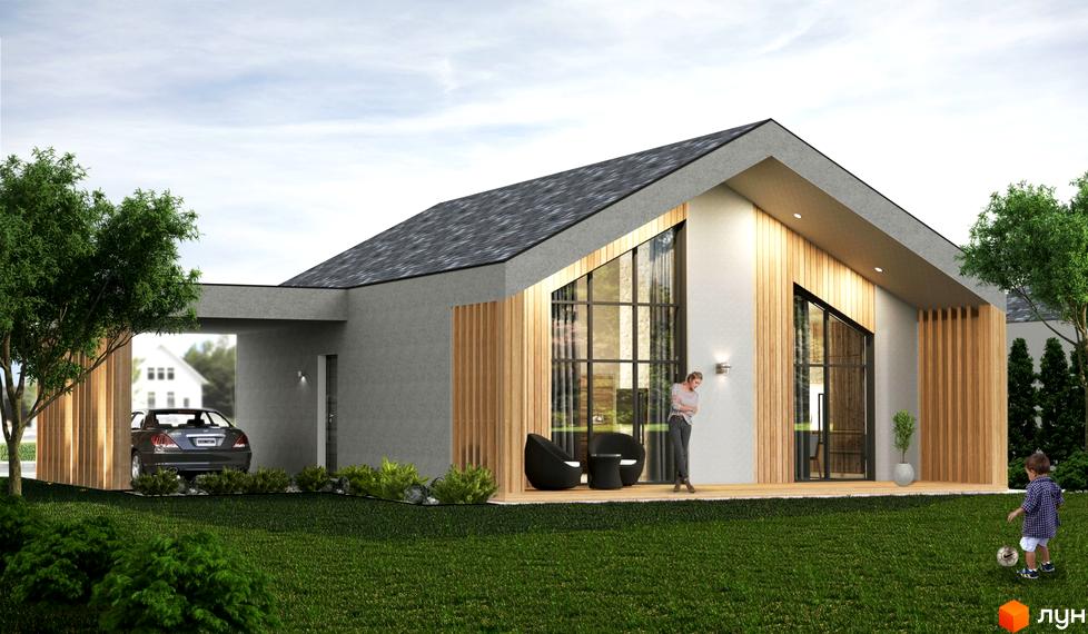 Зображення будинку в Котеджному кварталі „Фортеця Колонщини“. Вигляд фасаду та прибудинкової території з газоном.